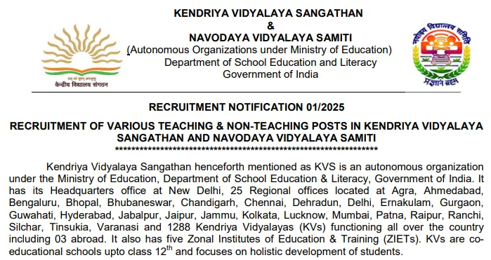 CBSE KVS NVS Recruitment 2025 official notification — Apply 