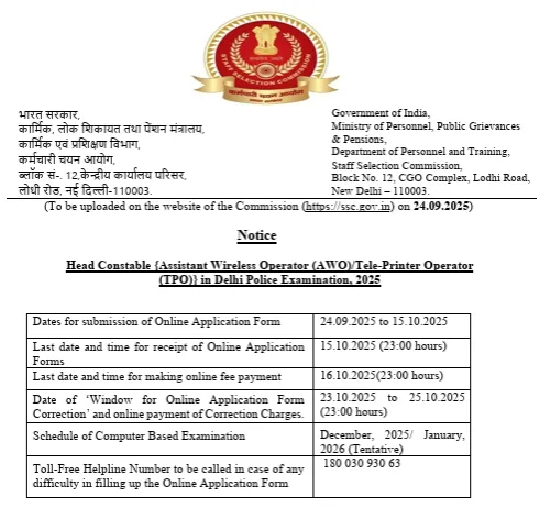 SSC Delhi Police Head Constable AWO/TPO Recruitment 2025 Notification