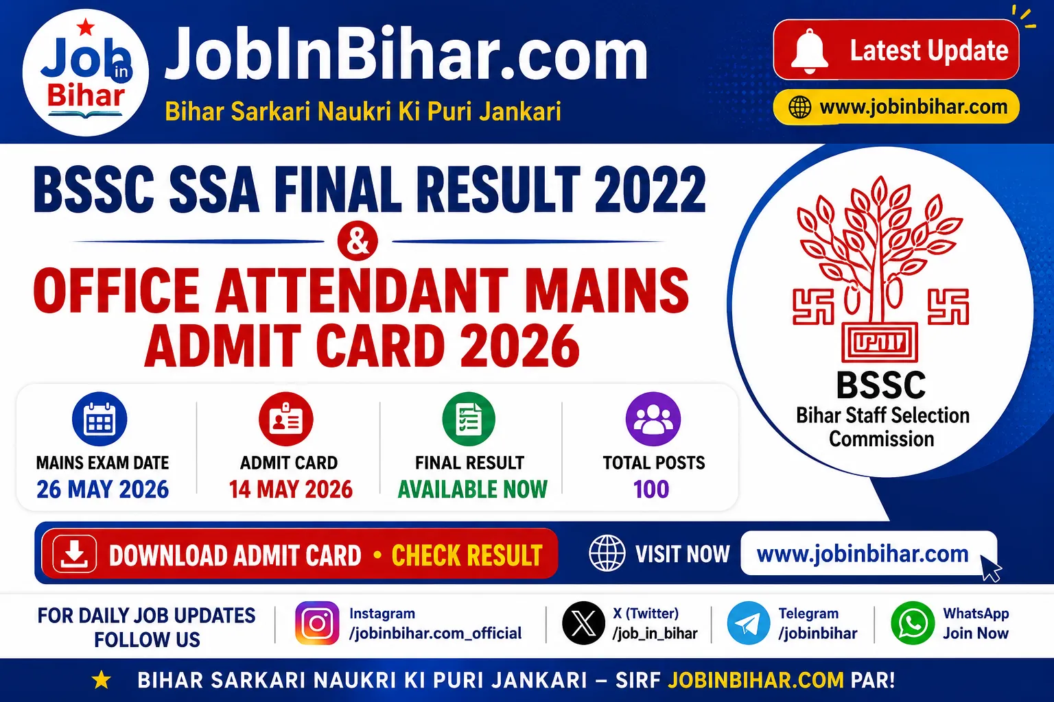 BSSC SSA Final Result 2022 Office Attendant Admit Card 2026