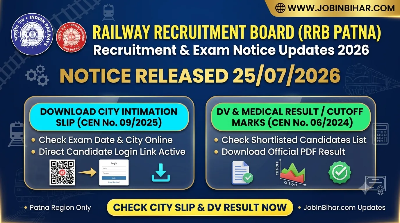 RRB Patna City Intimation CEN 09 2025 and DV Result Banner